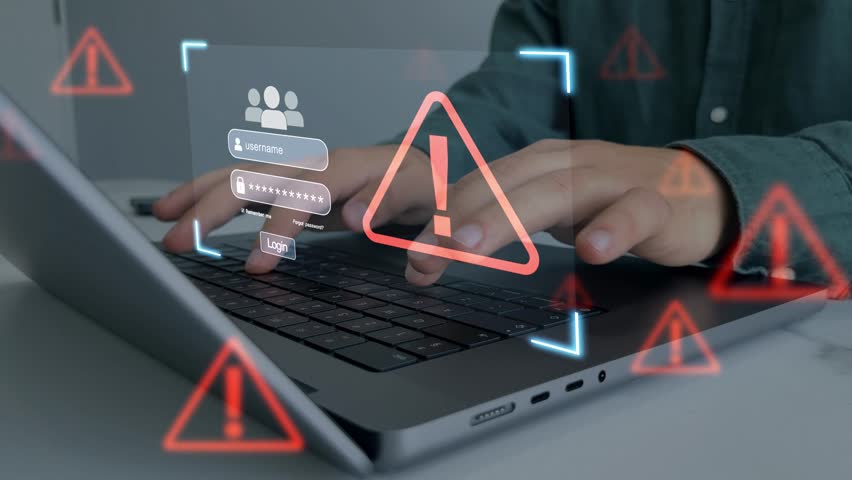 Cyber attack alert notification.Hacker attack system.Strong passwords, MFA, and monitoring prevent cyber attacks, credential theft and unauthorized access.Protect profiles from hacks.