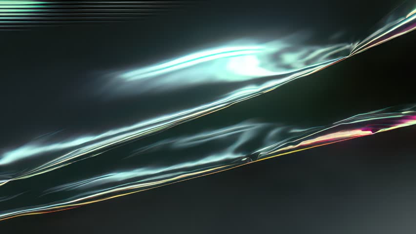 Glossy chrome reflections glitch and rainbow interference over curved surface prism distortion creating fluid futuristic glass motion texture 4K holographic background