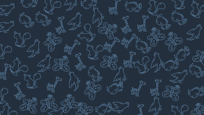 Cute seamless pattern with hand-drawn doodles of animals such as giraffes, birds, and squirrels on a dark blue background. Ideal for kids’ textiles, wallpapers, or playful design themes.