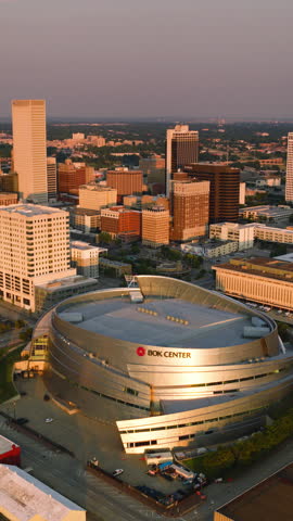 Vertical Video of Tulsa, Oklahoma, Vertical Aerial View Shot, night, evening
