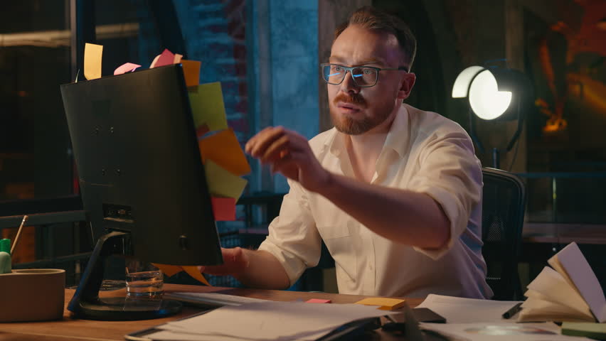 Irritated Caucasian business man at night throwing away stickers from monitor office computer stressed exhausted overworked businessman male guy check throw sticky notes with work tasks holding head