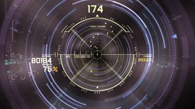 Futuristic Targeting HUD Interface With Circular Radar Data Metrics. A high tech cockpit HUD features concentric rings and digital readouts showing distance, burn rate, and current target heading - Powered by Shutterstock - Get 15% off with code: PIKWIZARD15