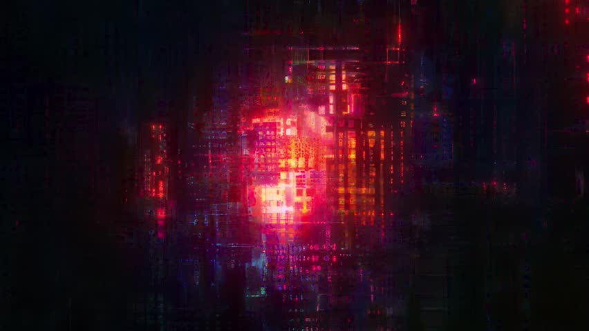 Dense matrix pattern with glowing pixel data and red violet reflections cinematic sci fi holographic texture for digital architecture visuals and cyber design 4K