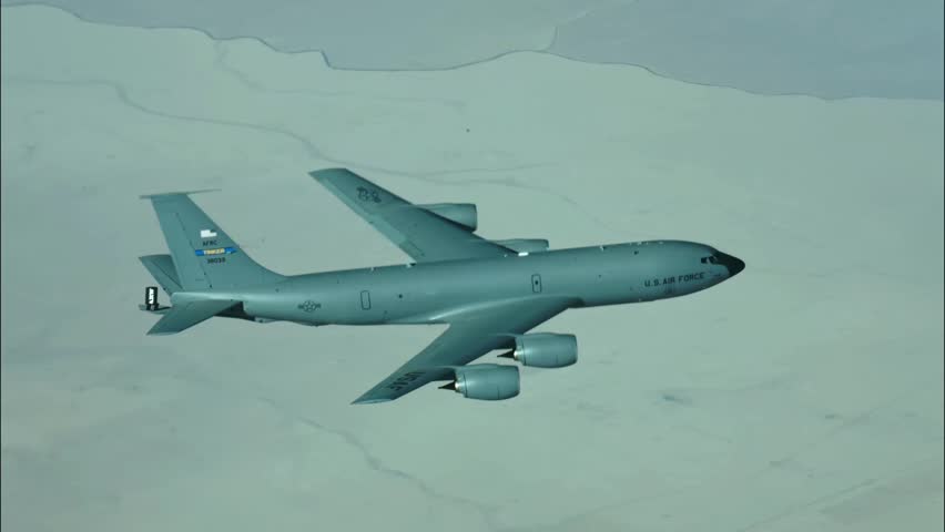 A US Air Force KC-135 Stratotanker fighter jet flies over the US Air Forces Central Command area