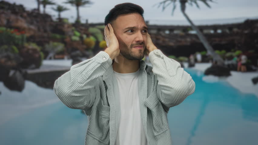 Hispanic man covering ears in hotel pool area with tropical background and palm trees, expressing discomfort while standing beside calm reflective water, wearing casual shirt.