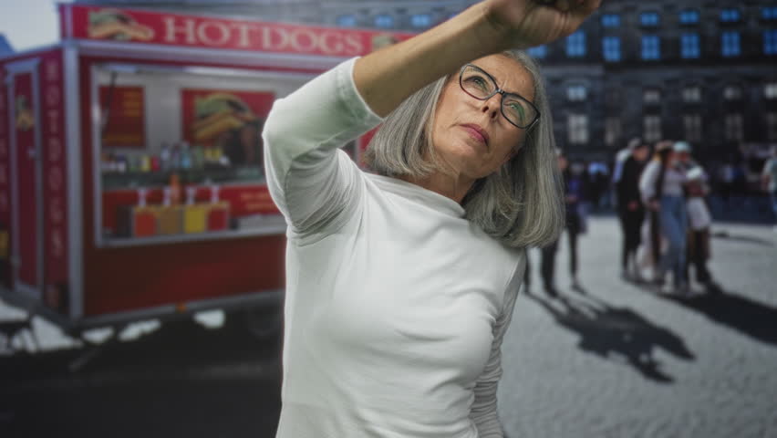Woman reaching up with raised arm and visible hand toward hot dog van on street, wearing glasses and white top, gray hair and forearm exposed, crowd and building plaza behind her; curiosity.