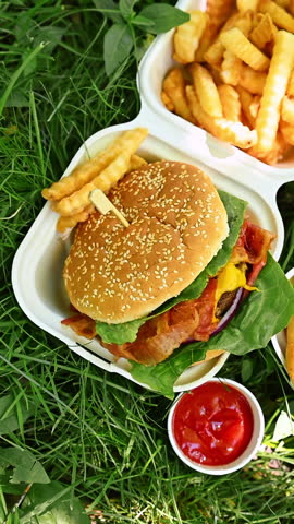 Fast food burgers and fries picnic top view. Flat lay of two burgers, fries, and drink on picnic grass with sunlight and fresh greenery around.