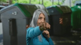 Senior grey-haired woman boxing energetically outdoors on the street against a backdrop of recycle bins emphasizing fitness and environmental awareness. - Powered by Shutterstock - Get 15% off with code: PIKWIZARD15