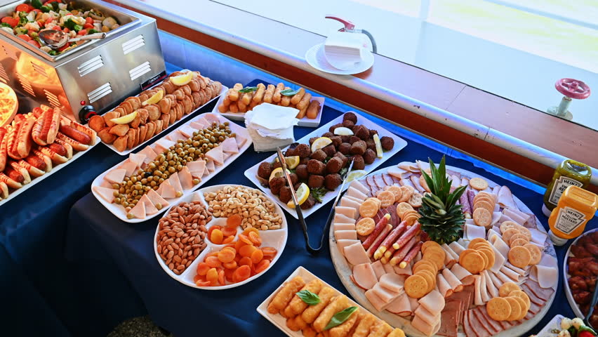 Assorted cold appetizers and meats on buffet table. Beautiful buffet arrangement with meats, cheese, crackers, wings, and colorful salads on a cruise ship table.