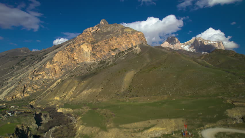 Aerial view of high cliffs in a mountain gorge. Landscape and nature of the North Caucasus