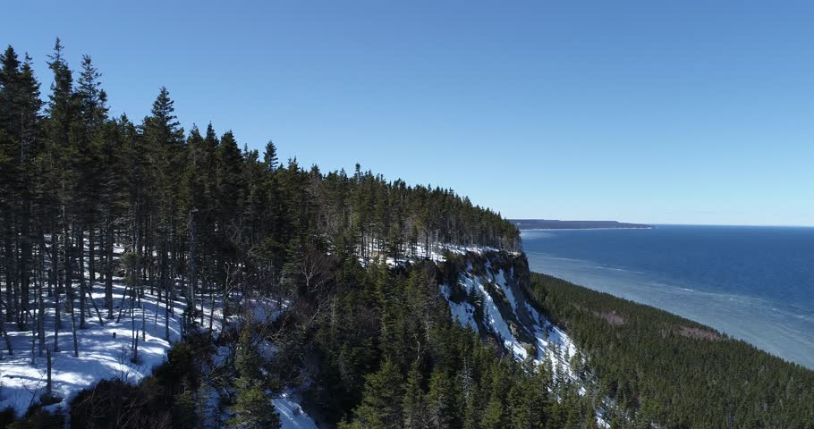 Dense Forest with Evergreen Trees in Winter Surrounded by Snow on the Edge of the Water at Kakawis Point (Pointe aux Kakawis) in Anticosti Island, Quebec, Canada 