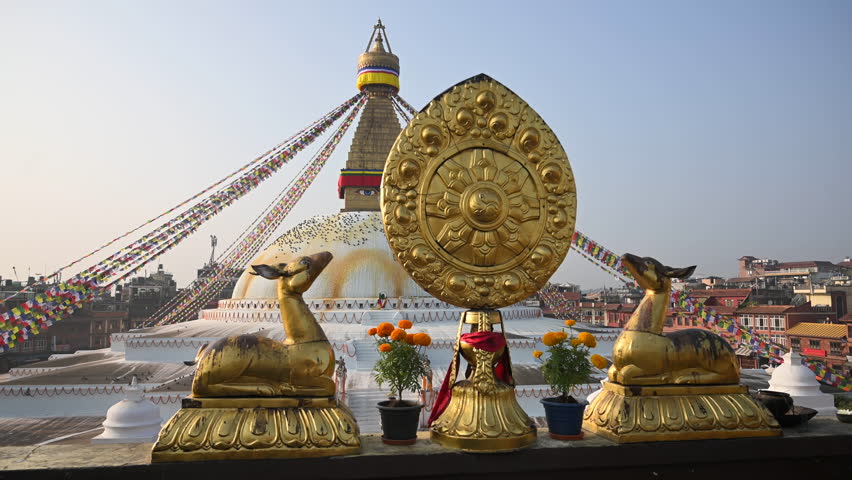 Nepal Boudhanath Stupa Golden Deer Statue Slow Motion Stabilizer L Buddhist Temple World Heritage Site Kathmandu Valley