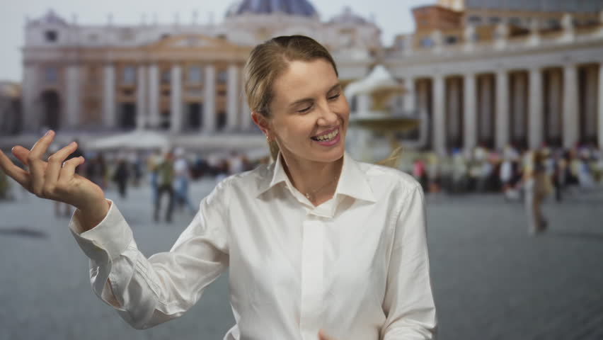 Woman smiling and pretending to play guitar in st. peter