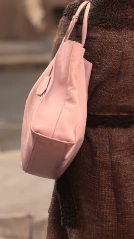 Woman in brown coat with pink leather bag crossing street on sunny day