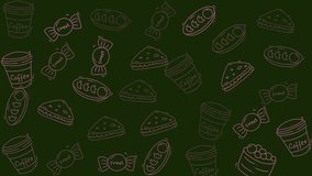 Food doodle art with coffee cups, candies, sandwiches, and pastries on a green background. Suitable for foodrelated designs and content. - Powered by Shutterstock - Get 15% off with code: PIKWIZARD15