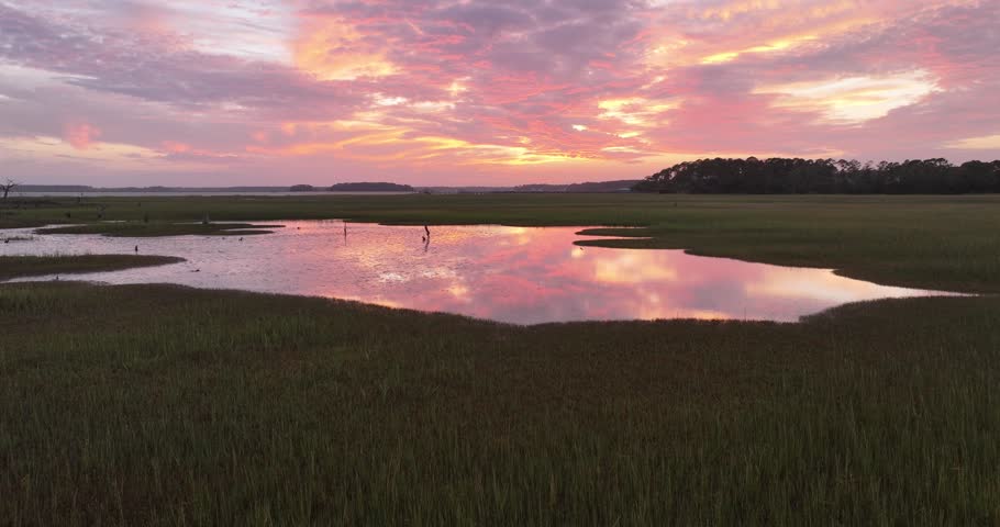 Sunset reflection over South Carolina marsh. 