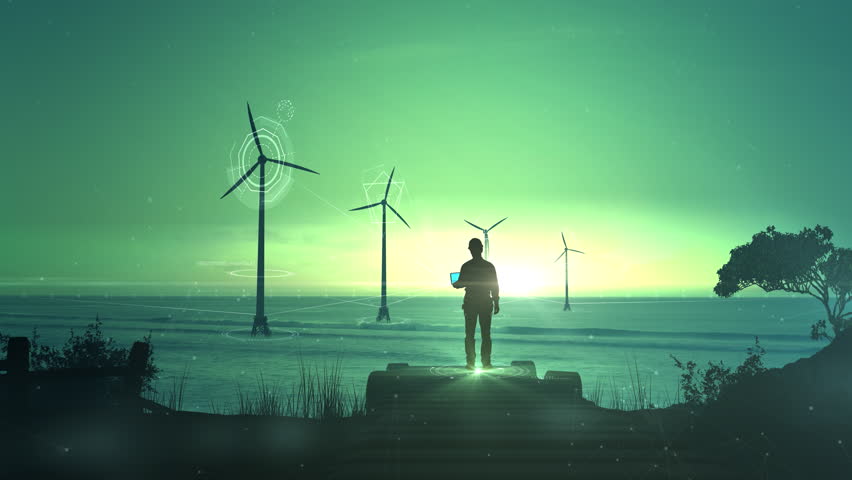 Engineer monitoring offshore wind farm at sunset with digital interface