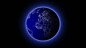 Seamless 3D rotating earth globe and white country borders with blue neon effect isolated on black screen. - Powered by Shutterstock - Get 15% off with code: PIKWIZARD15
