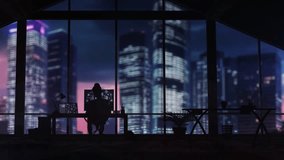 Businesswoman working with futuristic interface in modern office at night - Powered by Shutterstock - Get 15% off with code: PIKWIZARD15