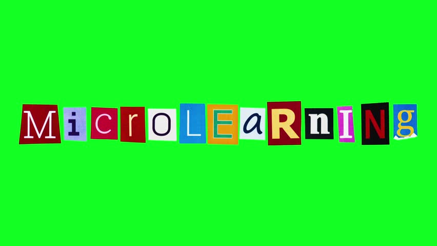 Microlearning word created from rectangle pieces of paper with printed letters which are crumpling in stop motion animation. Isolated title with about short lessons is represented in form of collage