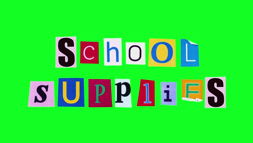 School supplies phrase compiled from rectangle stickers moving in loop animation on chroma key background. Isolated template for creating banner about stationary need for education. Promo information.