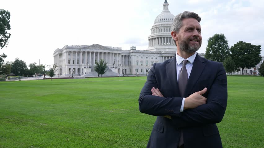 Lobbyist man in suit. Politician election campaign. Successful career in USA. Leadership and success. Successful political leader. Businessman front of US Capitol. Businessman in Washington DC