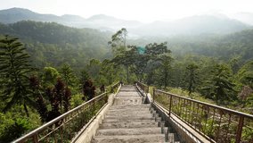 An immersive first-person view (POV) video walking down a long stone staircase into a vast, misty mountain valley. The path leads into a lush green forest, creating a sense of adventure and journey. - Powered by Shutterstock - Get 15% off with code: PIKWIZARD15