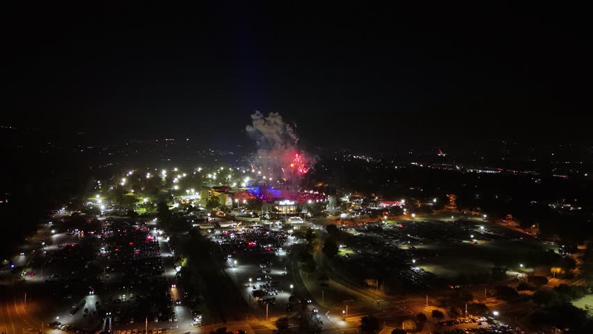 Drone night view of fireworks display over stadium in Pasadena, Los Angeles, September 7, 2025