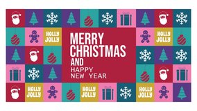 Looping 4K Christmas animation featuring colorful geometric tiles with Santa, gifts, snowflakes, trees, and “Merry Christmas and Happy New Year” text. Perfect for holiday greetings and festive ads. - Powered by Shutterstock - Get 15% off with code: PIKWIZARD15