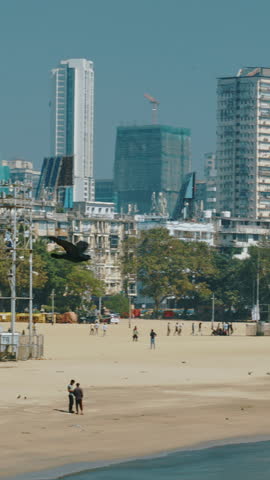 Mumbai, India. Pigeon Fly In Slow Motion Above Around Back Bay Coast Of Mumbai City. City Skyline From Marine Drive. Skyscrapers And Saifee Hospital. Clear Blue Sky. Many Ships And Boats Drift In