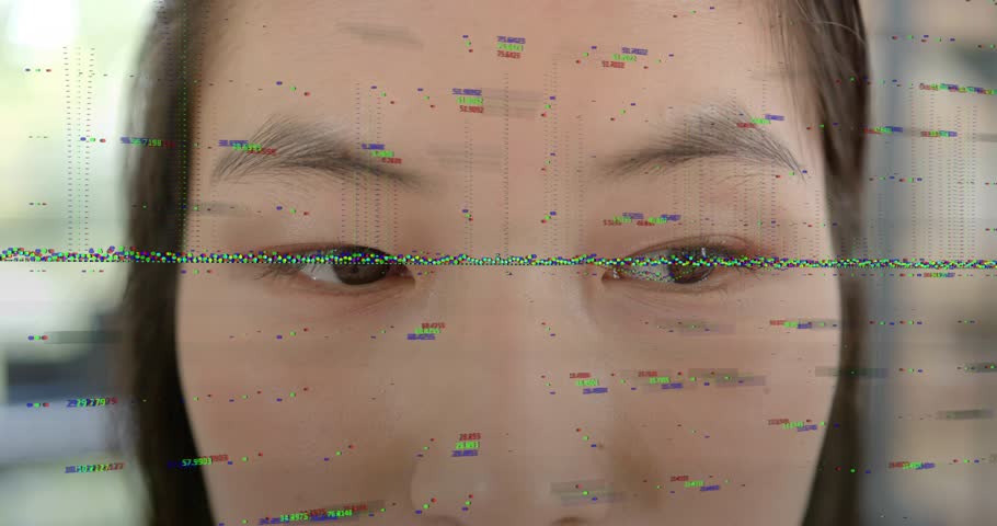Close-up woman opening eyelids with static lines initiating glitch globe merging for tech design. Digital disruption, futuristic, technology, cyberpunk, abstract, vibrant, innovation