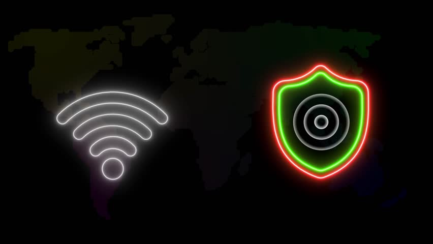 Global V P N network security shield protecting digital data Wi- Fi connection neon light