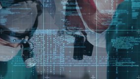 Surgeon activating headlamp initiating code fragments, rotating 3D cube improving surgical accuracy. Medical, innovation, technology, precision, hospital, healthcare, futuristic - Powered by Shutterstock - Get 15% off with code: PIKWIZARD15