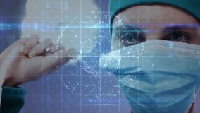 Surgeon raising hand looping cap strap with medical holographic interface rotating for surgery prep. Medical, technology, innovation, healthcare, futuristic, professional, digital - Powered by Shutterstock - Get 15% off with code: PIKWIZARD15