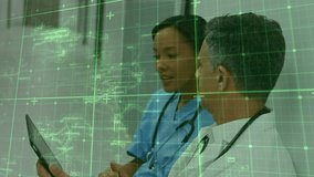 Doctor holding tablet after tilting and nurse tracing green holographic grid for health data review. Medical, collaboration, futuristic, healthcare, digital, innovation, diagnostics - Powered by Shutterstock - Get 15% off with code: PIKWIZARD15