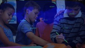 Teacher guiding student colored pencil and sparking group coloring in classroom with data overlays. Collaboration, education, creativity, diversity, learning, sketching, artistic - Powered by Shutterstock - Get 15% off with code: PIKWIZARD15