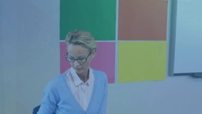 Child placing green folder on desk initiating tutor writing notes with adapting holographic panels. Education, mentorship, technology, innovation, learning, childhood, collaboration - Powered by Shutterstock - Get 15% off with code: PIKWIZARD15