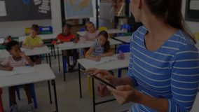 Teacher checking tablet, students writing notes, red lock icon fading overlay showing secure link. Education, classroom, digital, security, learning, technology, communication - Powered by Shutterstock - Get 15% off with code: PIKWIZARD15