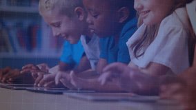 Four students tapping tablets in classroom for learning and generating dynamic waveform graphics. Education, technology, interactive, collaboration, youthful, innovative, digital - Powered by Shutterstock - Get 15% off with code: PIKWIZARD15