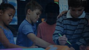 Group of students drawing in class, teacher's hand pointing with learning AR interface intensifying. Collaboration, education, technology, innovation, creativity, teamwork, learning - Powered by Shutterstock - Get 15% off with code: PIKWIZARD15