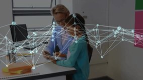 Teacher handing tablet to student and guiding tapping while data network overlay enhancing learning. Education, mentorship, digital, innovation, collaboration, e-learning, modern - Powered by Shutterstock - Get 15% off with code: PIKWIZARD15