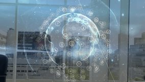 Business executive stepping into office taking smartphone call and studying digital globe at window. Corporate, technology, futuristic, professional, communication, innovation, urban - Powered by Shutterstock - Get 15% off with code: PIKWIZARD15