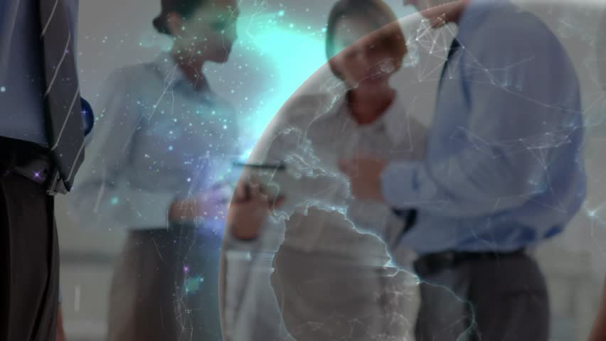 Executives handshaking in boardroom initiating rotating globe overlay showing global connectivity. Business, collaboration, innovation, digital, connectivity, professionalism, modern - Powered by Shutterstock - Get 15% off with code: PIKWIZARD15