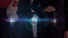 Man in suit and woman in blazer walking business hallway, appearing data overlay guiding dialogue. Collaboration, innovation, analytics, professionalism, technology, corporate, futuristic - Powered by Shutterstock - Get 15% off with code: PIKWIZARD15