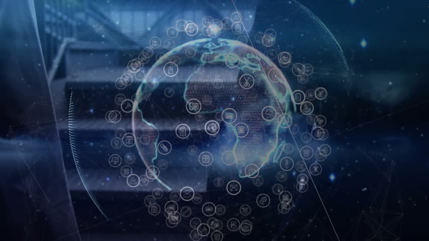 Sphere brightening showing globe mapping network icons and links rotating in corporate stairwell. Futuristic, technology, connectivity, data, innovation, digital, corporate