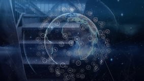 Sphere brightening showing globe mapping network icons and links rotating in corporate stairwell. Futuristic, technology, connectivity, data, innovation, digital, corporate - Powered by Shutterstock - Get 15% off with code: PIKWIZARD15