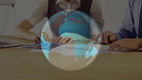 Female colleague tapping tablet activating 3D globe while gesturing chart data for market analysis. Business, collaboration, data, analysis, strategy, professional, teamwork - Powered by Shutterstock - Get 15% off with code: PIKWIZARD15