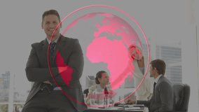 Executive starting pink globe rotation during business meeting, analyst pointing at rotating globe. Corporate, collaboration, globalization, innovation, professional, strategy, teamwork - Powered by Shutterstock - Get 15% off with code: PIKWIZARD15