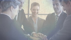 Businessman placing hand on table initiating team piling hands under rotating globe signaling start. Collaboration, teamwork, unity, leadership, corporate, partnership, strategy - Powered by Shutterstock - Get 15% off with code: PIKWIZARD15