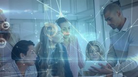 Presenter holding tablet starting dynamic data overlay while finance team analyzing network in room. Collaboration, teamwork, innovation, technology, data, analytics, digital - Powered by Shutterstock - Get 15% off with code: PIKWIZARD15